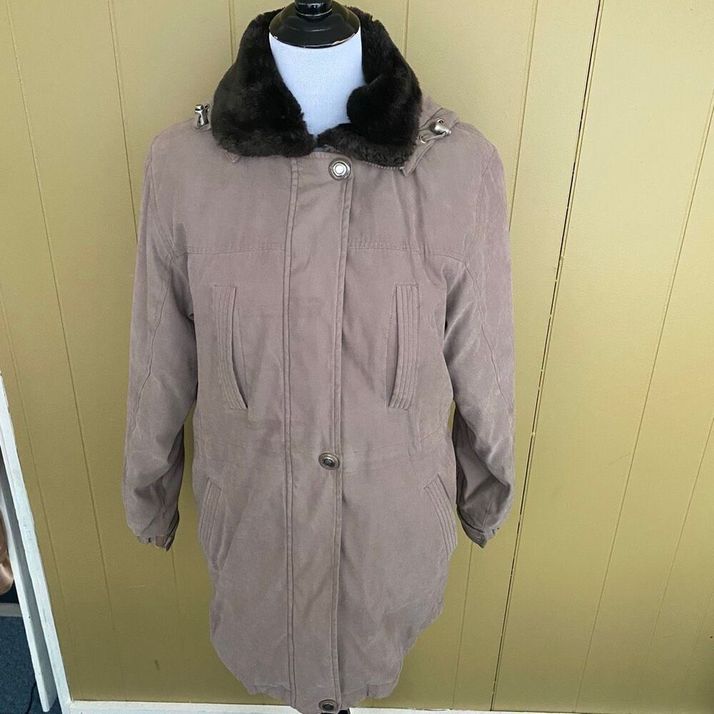 Fitz wright women M hooded winter coat w/removable fur collar brown beige color